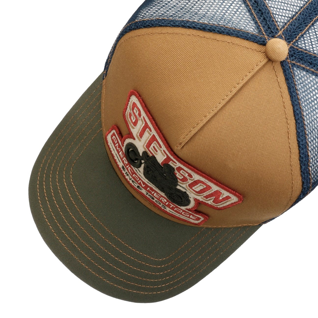 Biker Trucker Cap - Beige/Olive/Blue