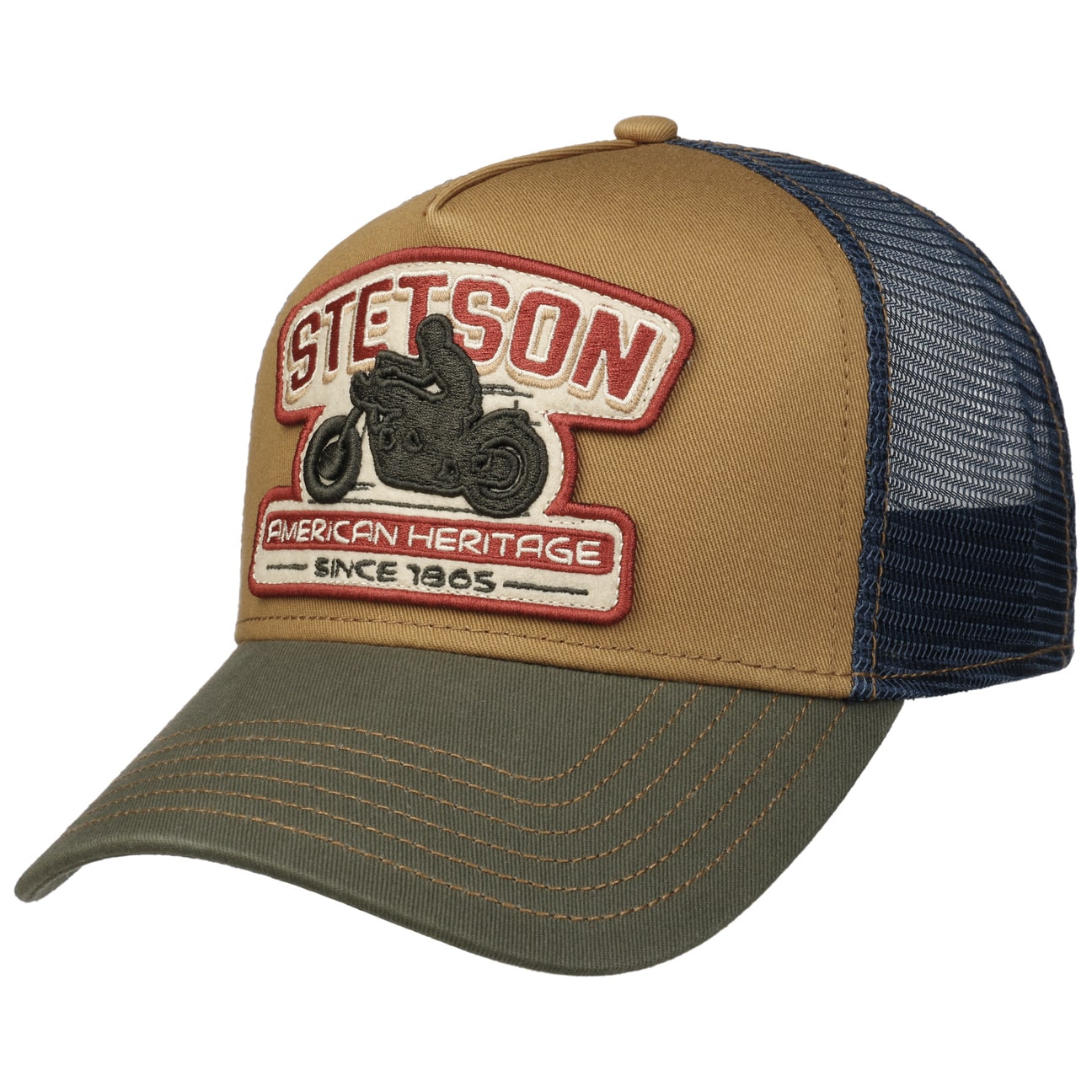 Biker Trucker Cap - Beige/Olive/Blue