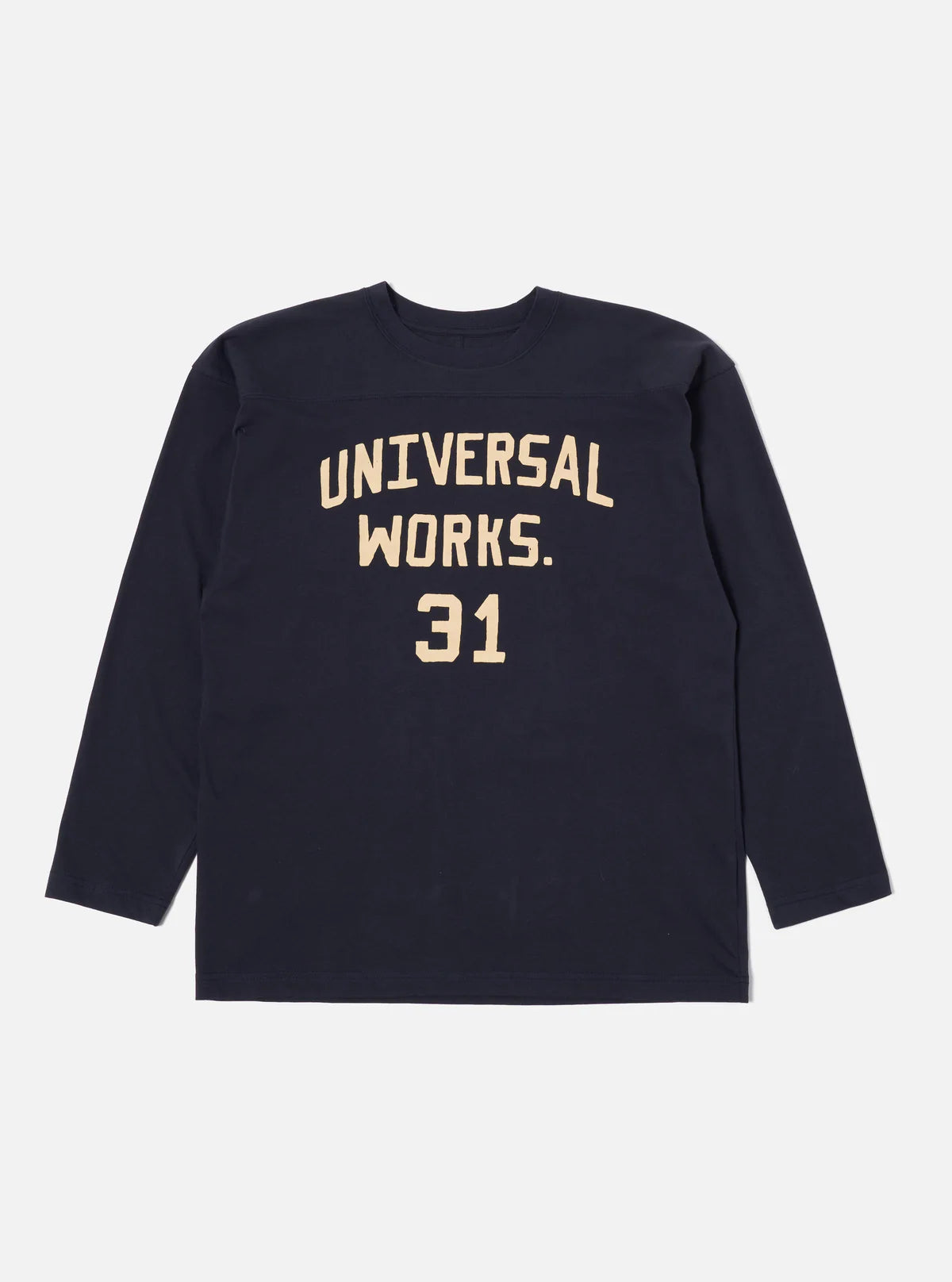 Universal Works Football T Shirt in Navy Single Jersey