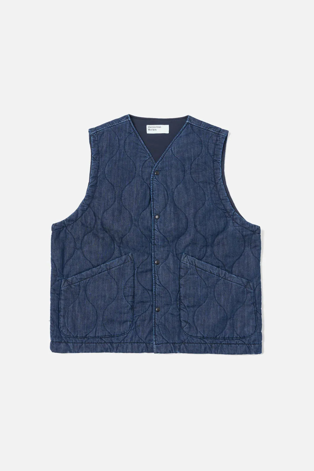 Universal Works Weekend Gilet in Indigo Quilt Denim