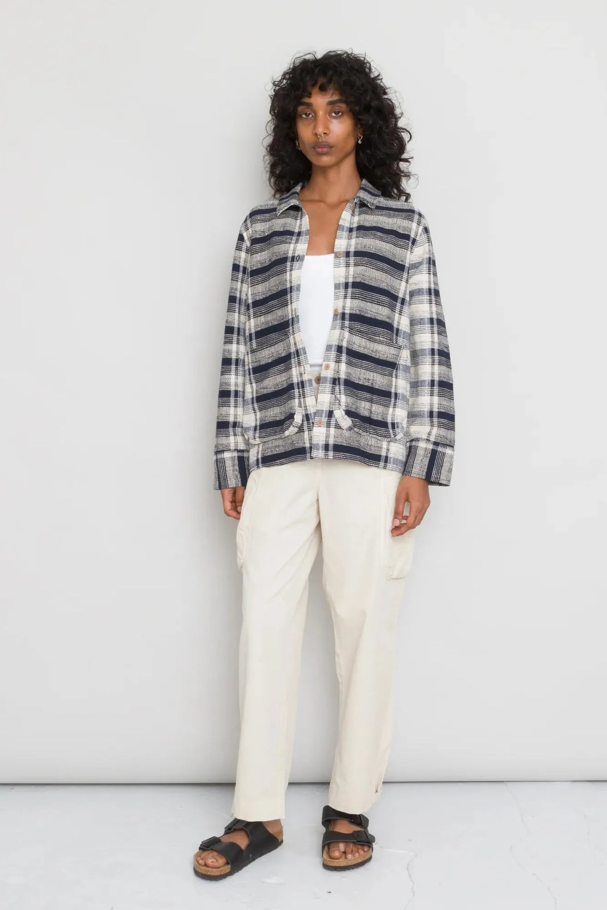 Folk Women&#39;s Pleated Shirt - Navy Basket Weave Check