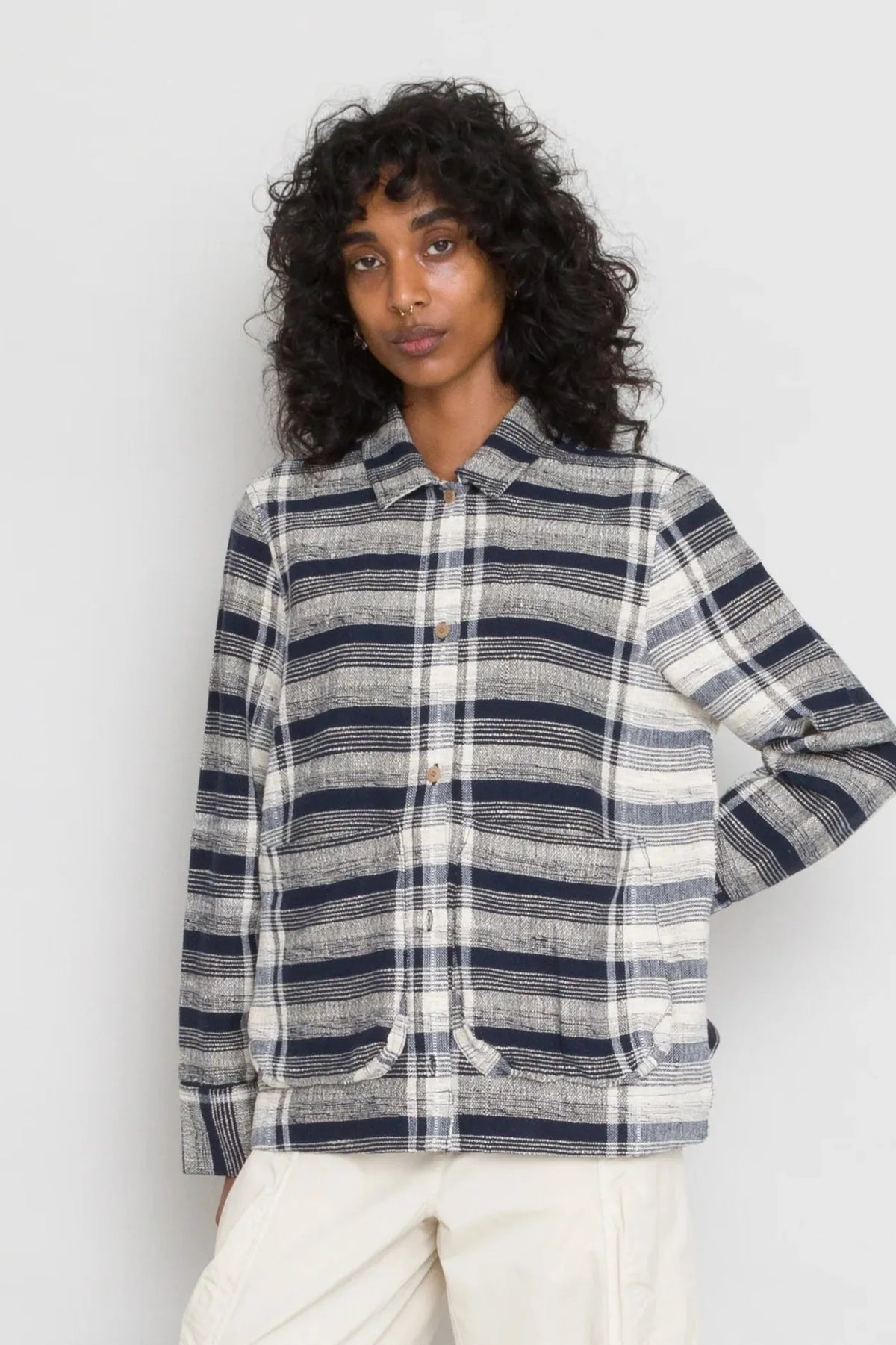 Folk Women&#39;s Pleated Shirt - Navy Basket Weave Check