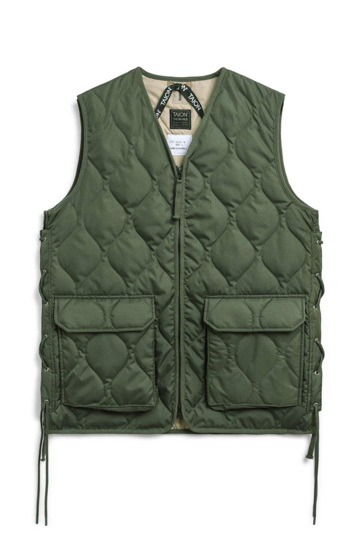 Military W-Zip Lace Up V Neck Down Vest - Olive/Beige