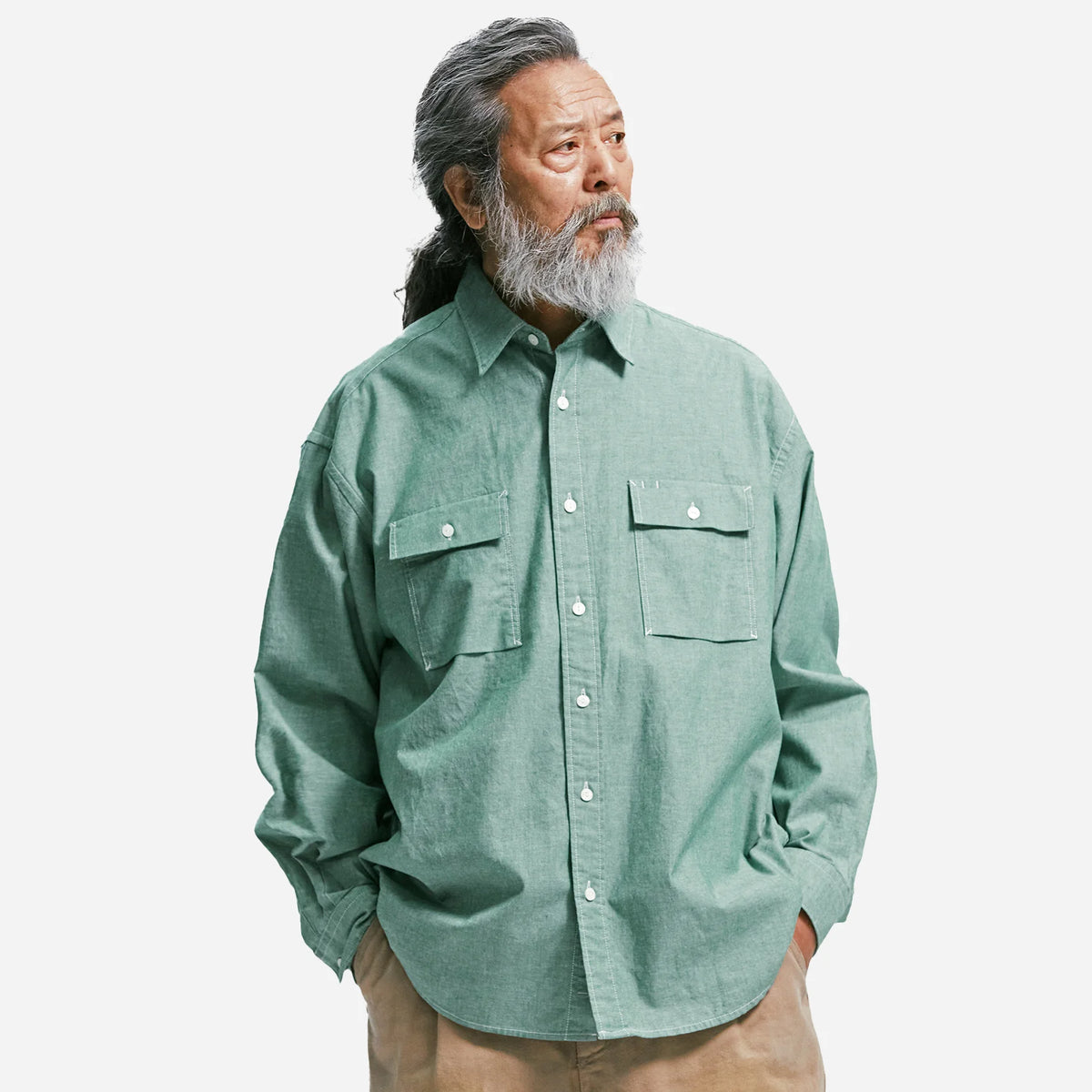 CIGARETTE POCKET CHAMBRAY SHIRT GREEN