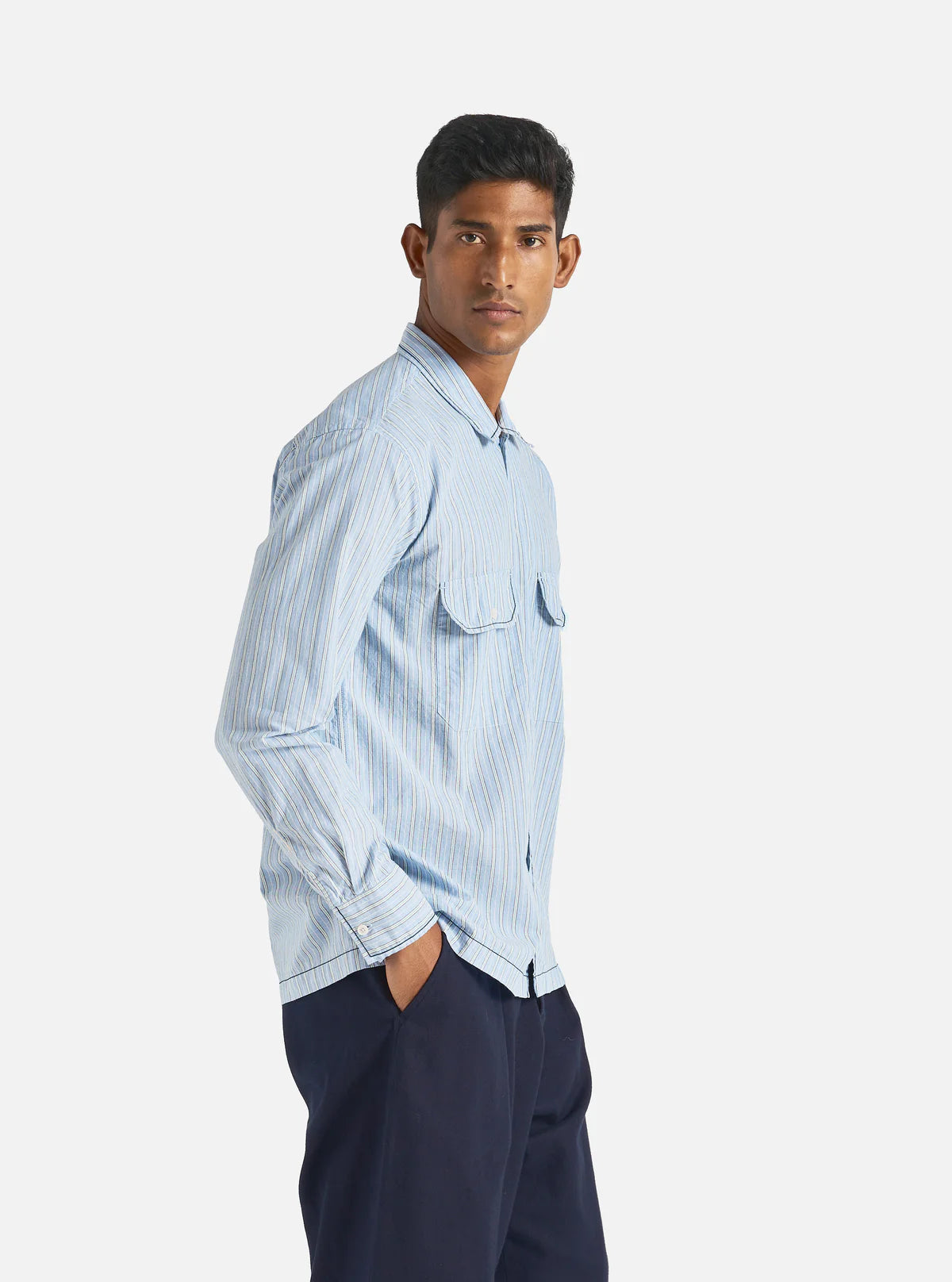 Embroidered L/S Utility Shirt in Blue Chelsea Cotton Stripe